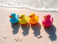 Les petits canards en plastique trempent leurs pattes dans la grande mer.