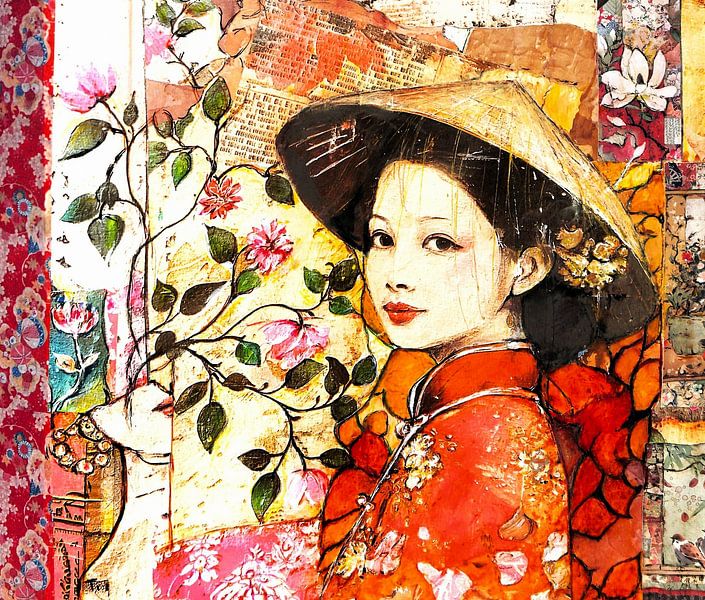 Fille chinoise avec un chapeau de paille. Collage par Ineke de Rijk