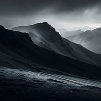 Dramatic Black and White Mountain Landscape with Moody Sky Environment