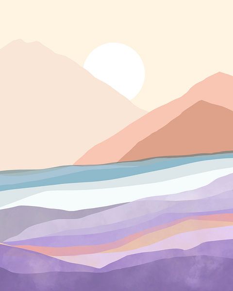 Serene Mountain Landscape in Pastel Shades, soothing artwork for stylish interiors by Femke Bender