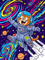 Joyful ginger cat astronaut embarks on a whimsical, colorful space adventure.