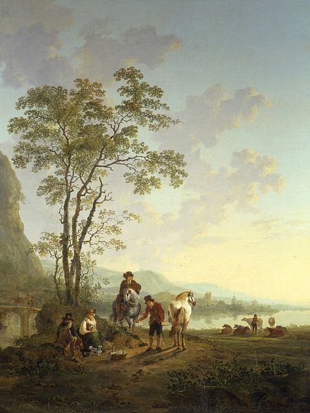 Italienische Landschaft mit Reisenden am Straßenrand, Jacob van Strij von Meisterhafte Meister