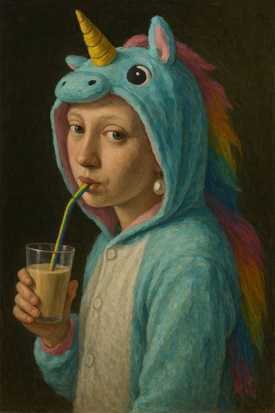 Meisje in eenhoornkostuum met drankje van Poster Art Shop