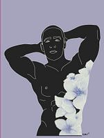 Obsidian Essence - Confident Black Male Line Art with Blue Floral Overlay, Moody Masculine Nude Wall Print.