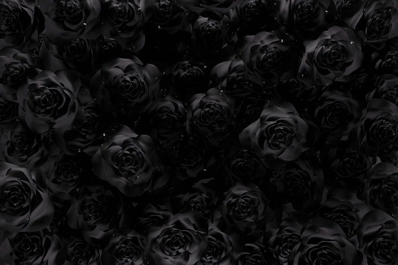 Veel zwarte rozen met waterdruppels van bovenaf van Besa Art