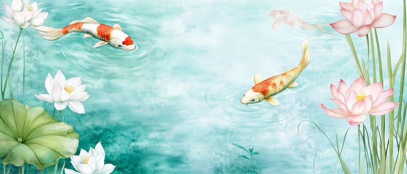 Poissons koï dans une mer de nénuphars - Rêve d'aquarelle par Poster Art Shop