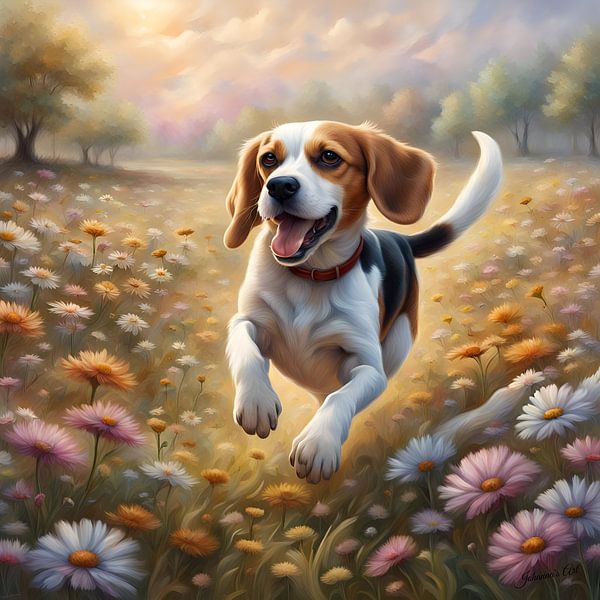 Beagle playing in a Flowerfield by Johannas Art Creations
