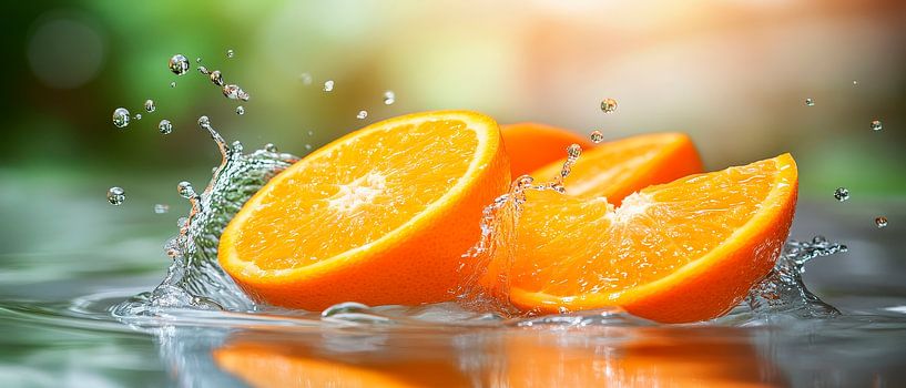 Frisch geschnittene Orangen im Wasserplash von Poster Art Shop