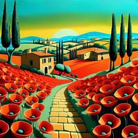 Mediterraan landschap met dorp en papaverveld