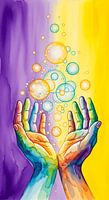 Vibrant Rainbow Hands Releasing Bubbles Aquarell abstrakte Wandkunst Poster