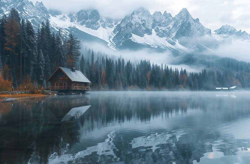 Verträumte Hütte, nebliges Wasser von fernlichtsicht
