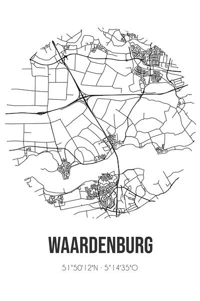 Waardenburg (Gueldre) | Carte | Noir et blanc par Affiches de lieux