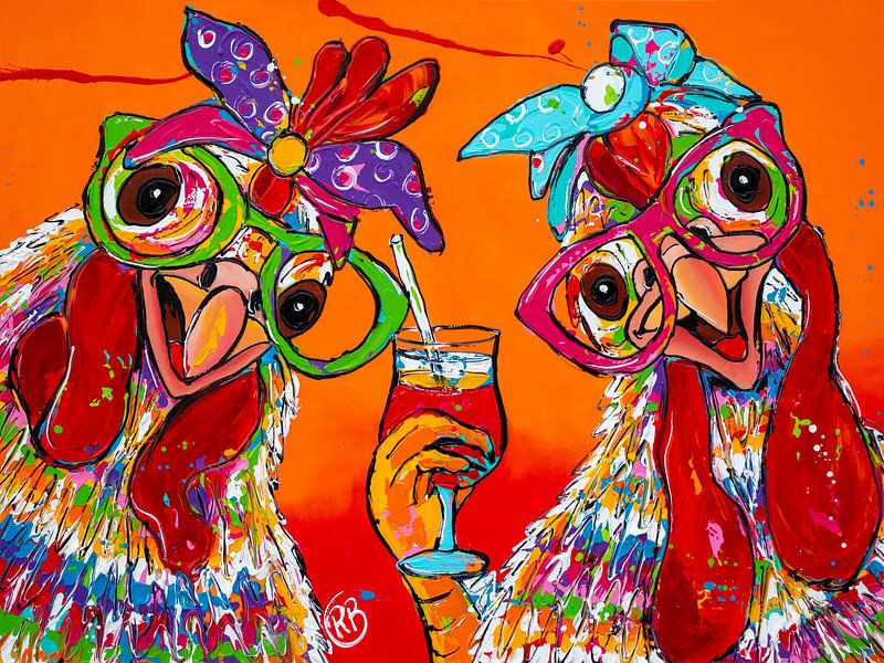 Poulets joyeux avec des boissons par Happy Paintings / Renata Rolefes
