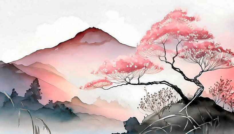 Peinture japonaise : paysage de montagne japonais avec arbre en fleurs par Studio Pieternel