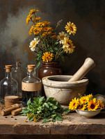 Herbs and flowers on apothecary's table. Still life