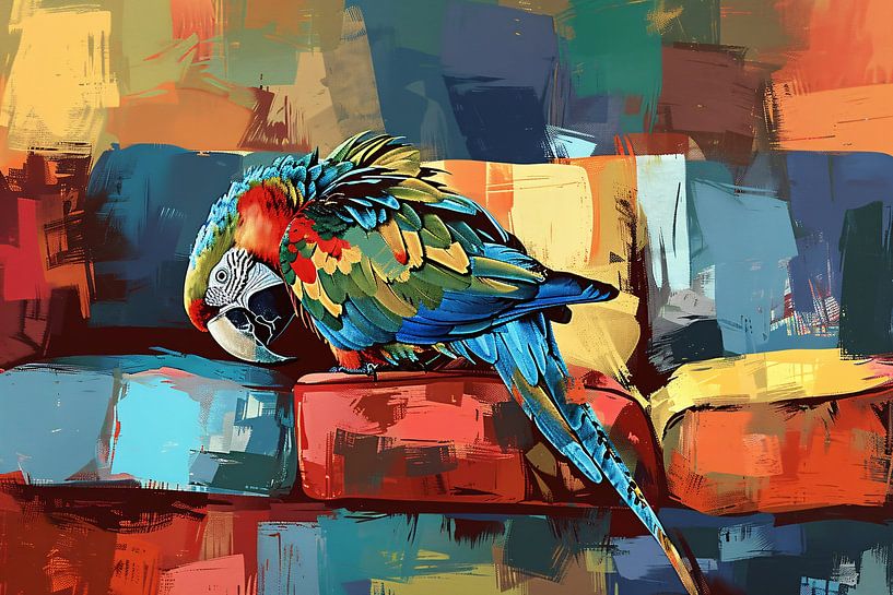 Bunter Papagei auf abstrakter Bank von Imperial Art House