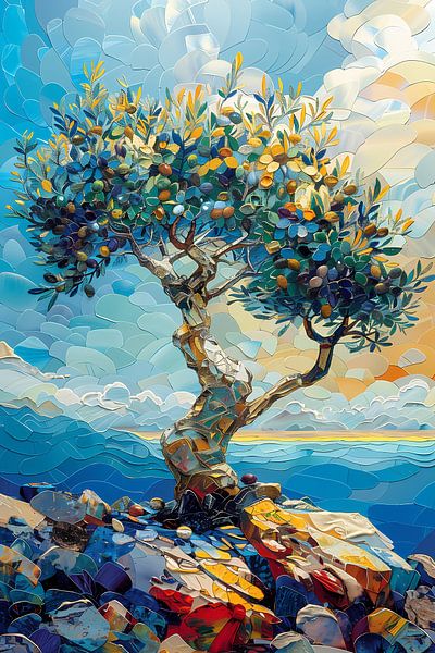 Bunter Olivenbaum am Meer von Art & Soul Creations