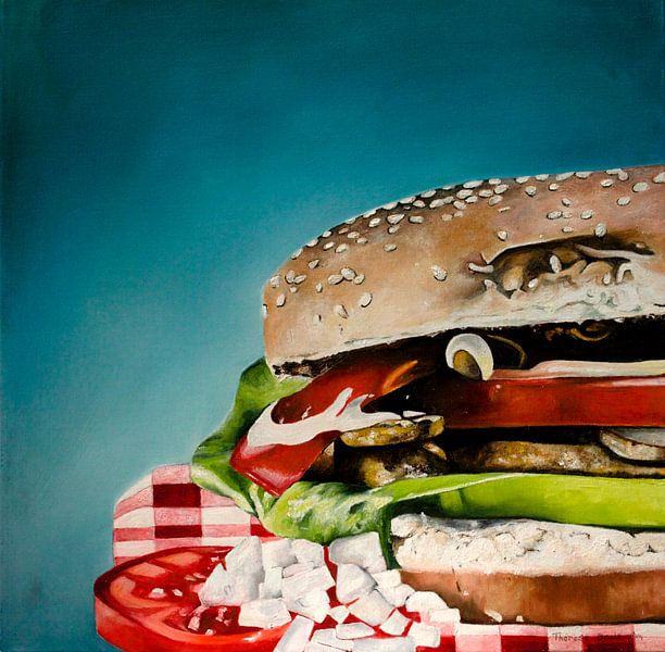 Oil painting of a hamburger. by Therese Brals