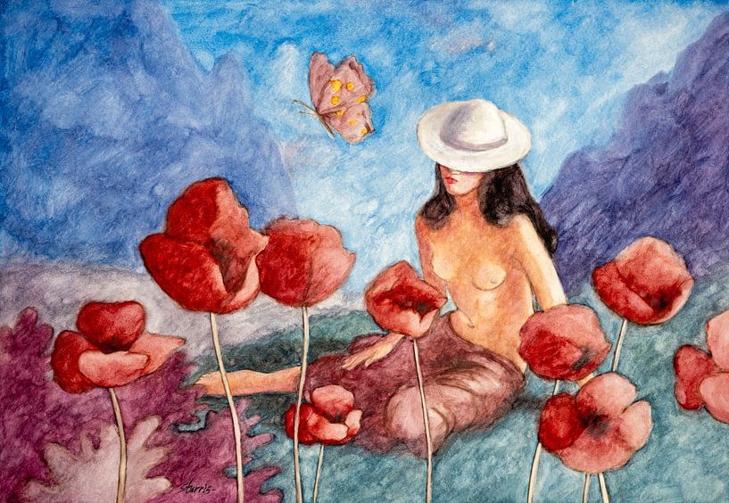 Woman with poppies and butterfly - watercolour on paper by Galerie Ringoot