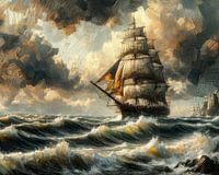 Large sailing ship in storm in oil painting