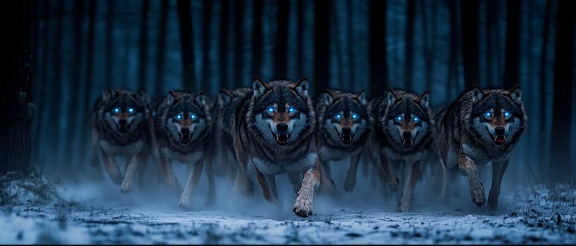 Wolfsgemeinschaft im schneebedeckten Wald von Poster Art Shop