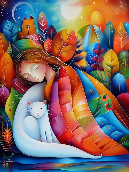 dormant avec son chat par haroulita