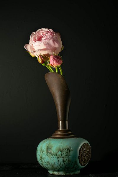 pink rose with rosebuds in a vintage jug by Aan Kant