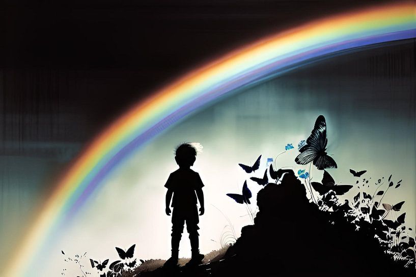 Der Regenbogen, die Schmetterlinge und die Silhouette eines Jungen von ButterflyPix