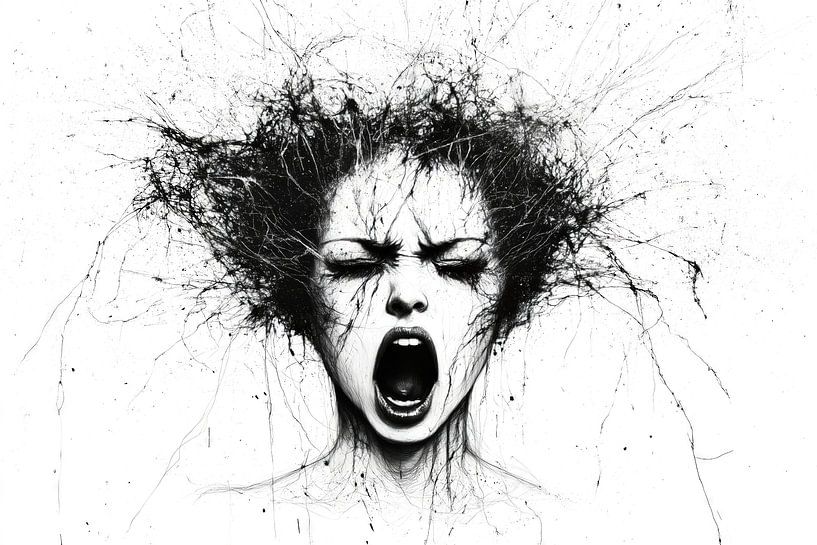 Woman screams with dishevelled hair by Frank Heinz