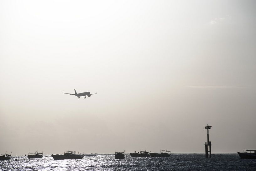 Landend vliegtuig boven zee tijdens zonsondergang High Key von Chantal Schutte
