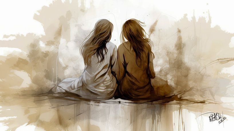 Modernes Aquarell von 2 Frauen &quot;Shared Silence&#039; von René van den Berg