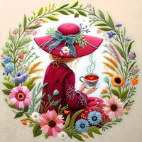 Frau mit Teestickerei