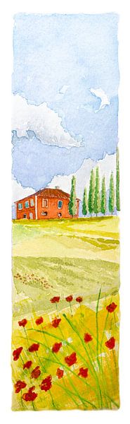 Red country house in Tuscany | Hilly landscape with Cypresses and Poppies | Watercolour painting by WatercolorWall