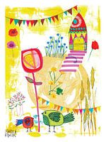 rentrer à la maison, art coloré joyeux avec des oiseaux et des fleurs