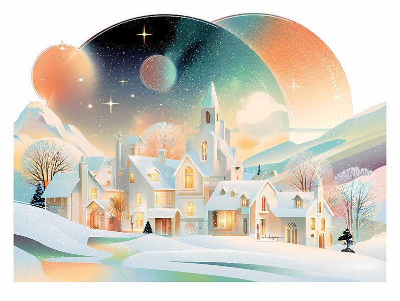 Winterlandschaft im Retro-Stil, gemütliches Dorf von Ariadna de Raadt-Goldberg