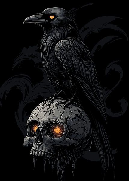 Raven with glowing eyes on skull by Pixelbull Design