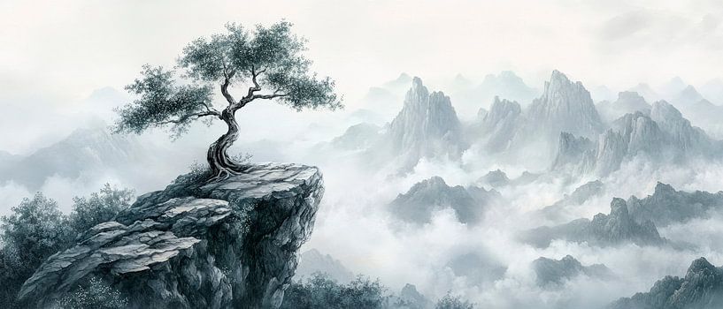 Einzelner Baum am Berggipfel von Poster Art Shop