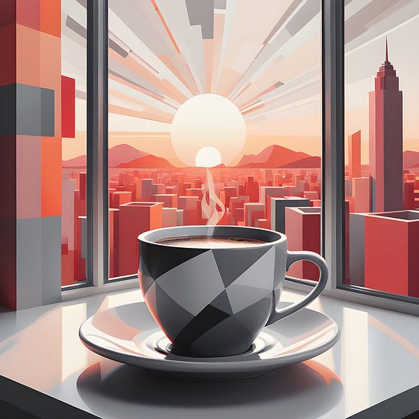 Skyline im Sonnenlicht bei einer heißen Tasse Kaffee von Bart Veeken