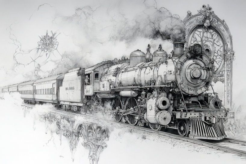 Detailed drawing of a steam train, vintage, industrial, monochrome by Peter Pen Drawings and Paintings