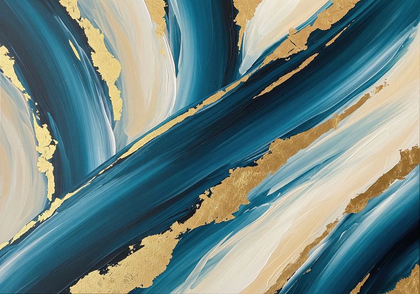 Abstract Painting with Blue, White, and Gold Brushstrokes by Markus Gann