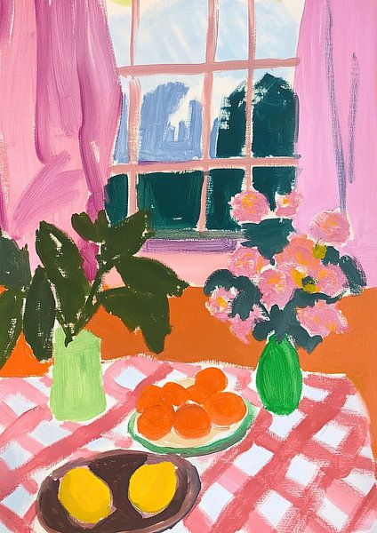 Gouache mit Zitronen, Blumen und Karos von Niklas Maximilian