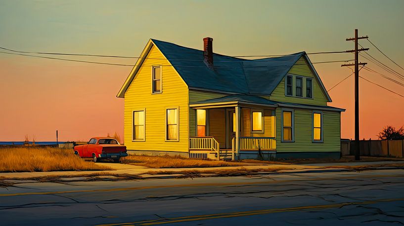 Haus bei Sonnenuntergang - cineastische Americana-Wanddekoration von Vlindertuin-Art
