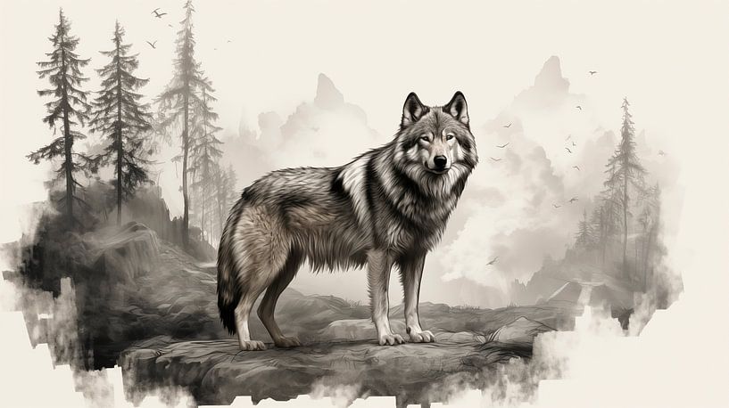 Wolf im Wald , Bleistift Zeichnung Vintage. von Animaflora PicsStock