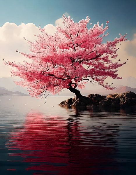 Japanische Kirsche am Ufer eines Sees von Martine Affre Eisenlohr