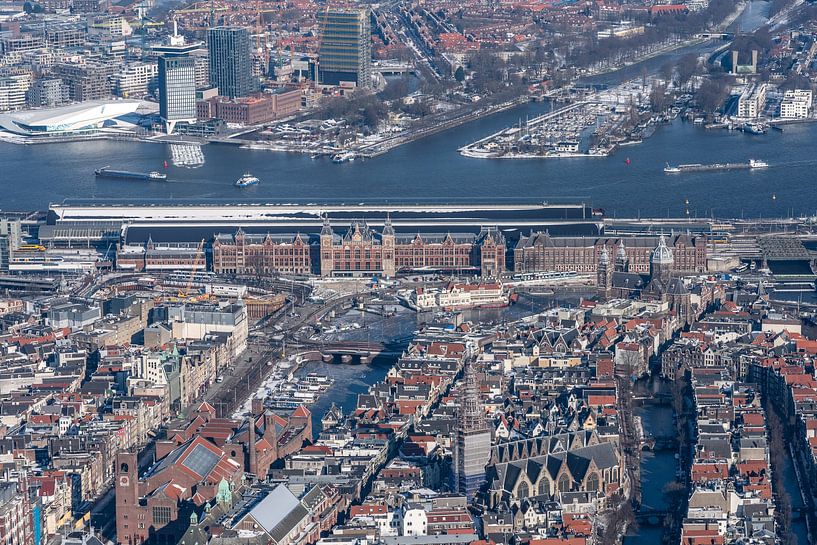 Amsterdam Central Station seen from the air during the winter of 2020 - 2021. by Jaap van den Berg