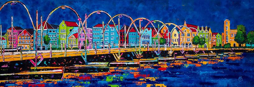 Handelskade at night with the Pontjesbrug, Curaçao. by Happy Paintings / Renata Rolefes