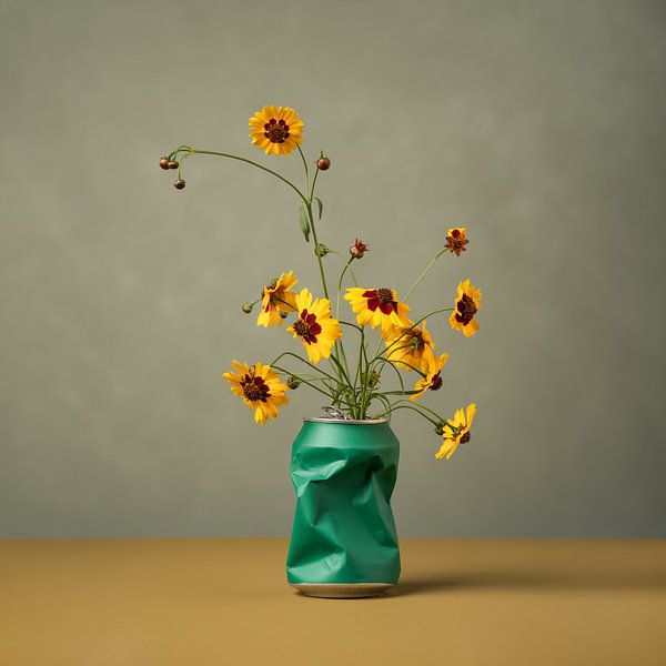 Feldblumen - Mädchenaugen in grüner recycelter Blechdose von Mariska Vereijken