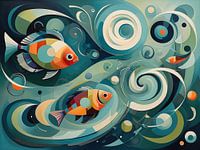 Kubistische Fische in einer abstrakten Unterwasserwelt