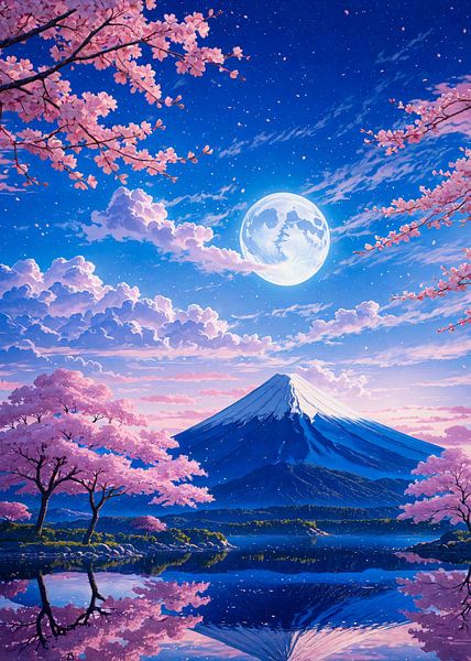 Full Moon Mount Fuji Cherry Blossom Japan by Ruzerin