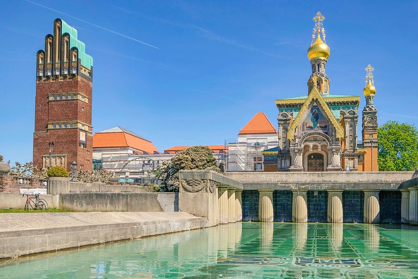 Blick auf den Hochzeitsturm und die Russische Kapelle, Mathildenhöhe Darmstadt von pixxelmixx